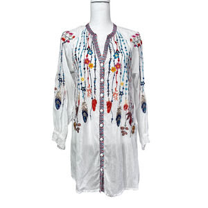 Johnny Was Embroidered Feather Print Split Neck Button Front Relaxed Fit Tunic